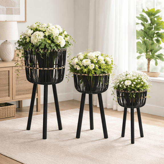 Sagebrook Home Set of 3 Wooden Planters on Stands - Modern Bamboo & Pine Wood Indoor/Outdoor Decorative Plant Holders for Home & Garden - Stylish Woven Baskets with Sturdy Legs; 26" Tall, Black