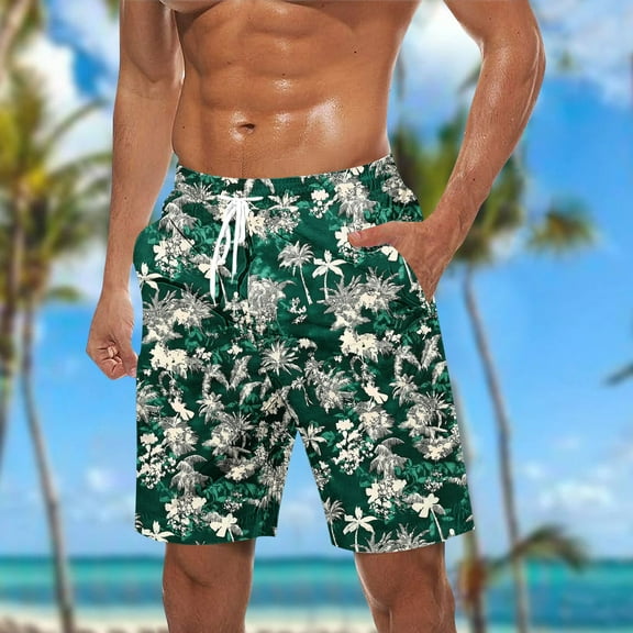 Mens Shorts Elastic Waist Drawstring Hawaii Print Shorts Pockets Casual Beach Pants Army Green L