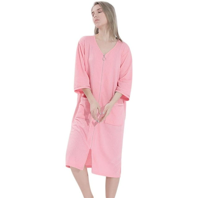 Peignoirs pour Femmes à Fermeture Éclair devant, Manches 3/4, Longueur Complète, Robe de Chambre avec Poches, Tenue de Détente