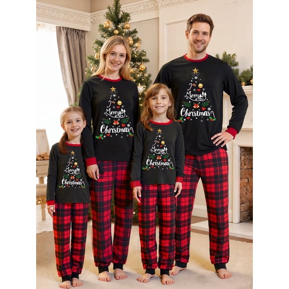 Jaweiwi Family Matching Christmas Pajamas Set, Letter Snowflake Print Long-Sleeved T shirt Tops   Plaid Trousers Holiday Sleevewear Outfits
