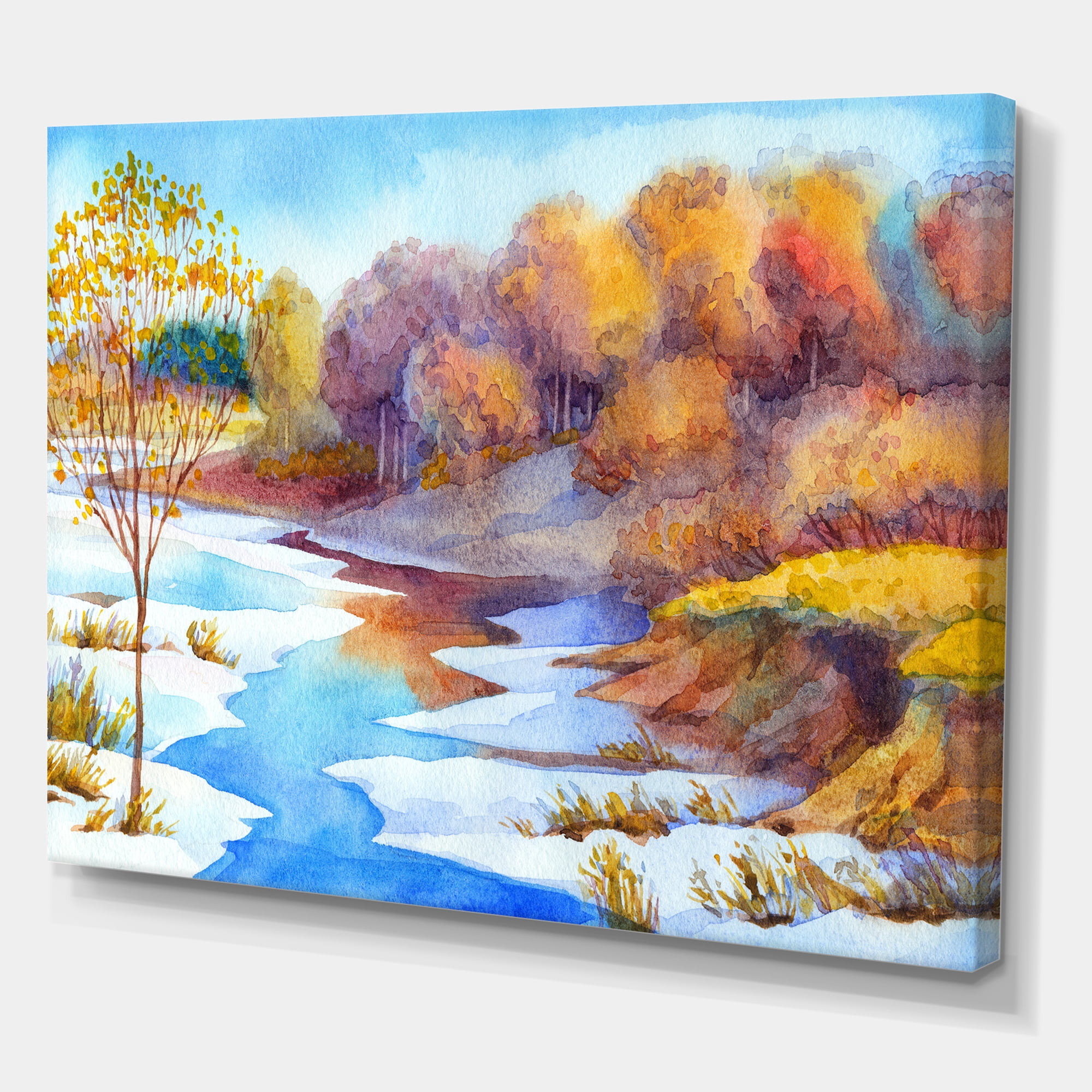 Designart ' Stream Though The Winter Forest Valley ' Lake House Canvas Wall Art Print
