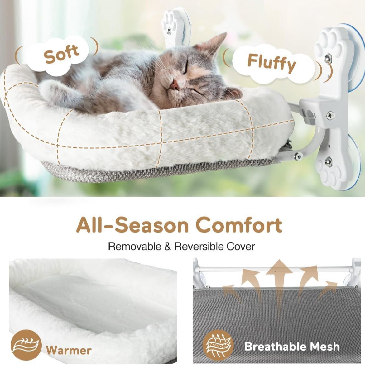 Cat window perch for indoor cats with Warm Spacious Cat Bed for Sunbathing, Napping & Overlooking Cat Hammock All Weather (White)