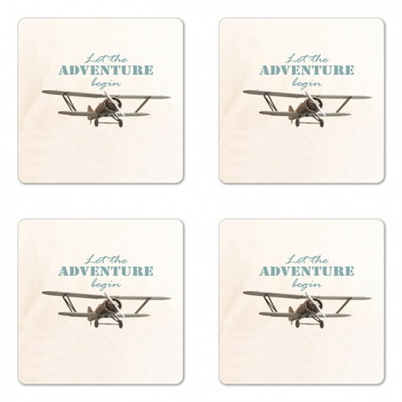 

Adventure Coaster Set of 4 Let the Adventure Begin Inscription and Biplane Tropical Summer Vacation Square Hardboard Gloss Coasters Standard Size Cream Turquoise Tan by Ambesonne