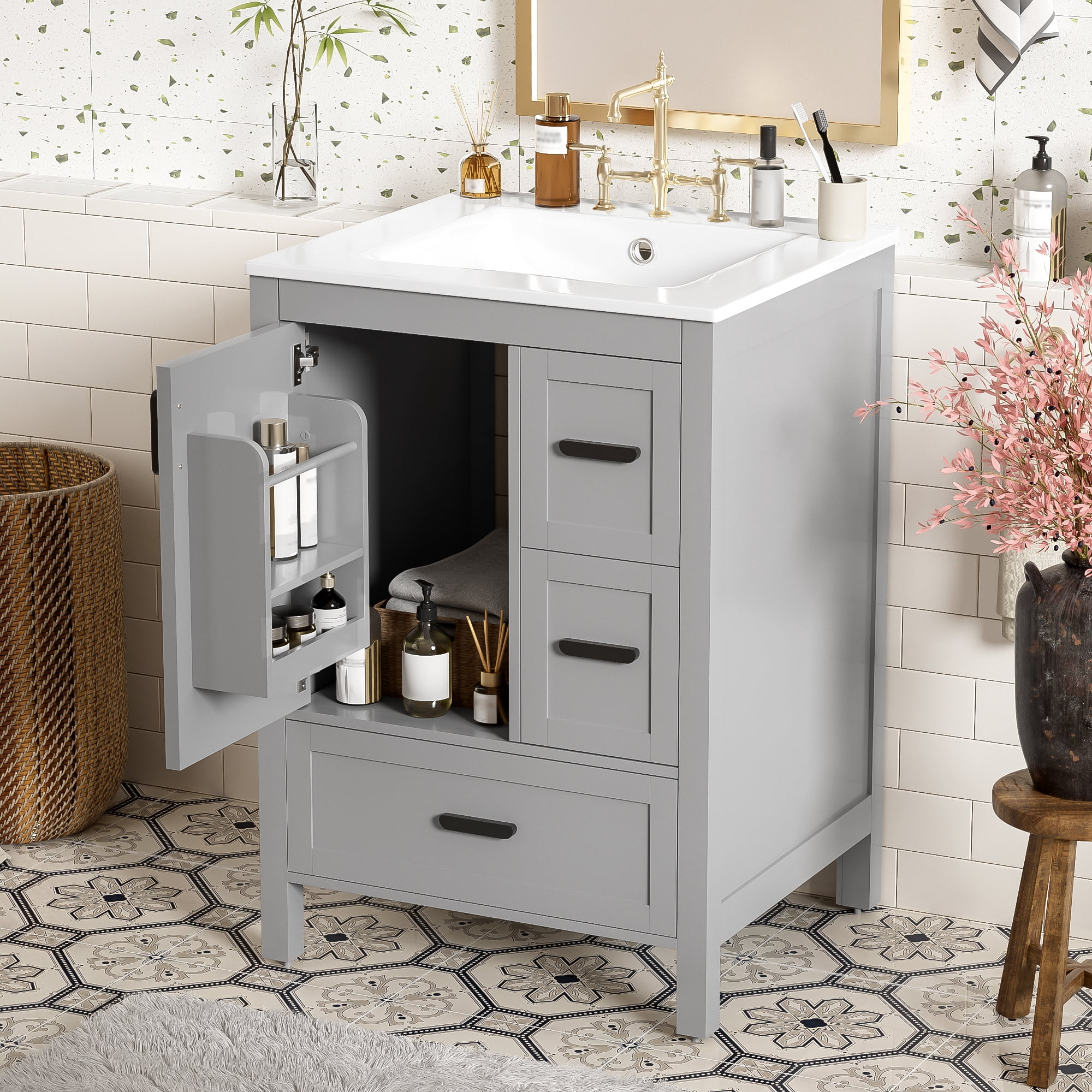 Euroco Modern 24-inch Bathroom Vanity with Ceramic Sink, Soft-Close Door, Double-Layer Door Shelf, and 3 Drawers