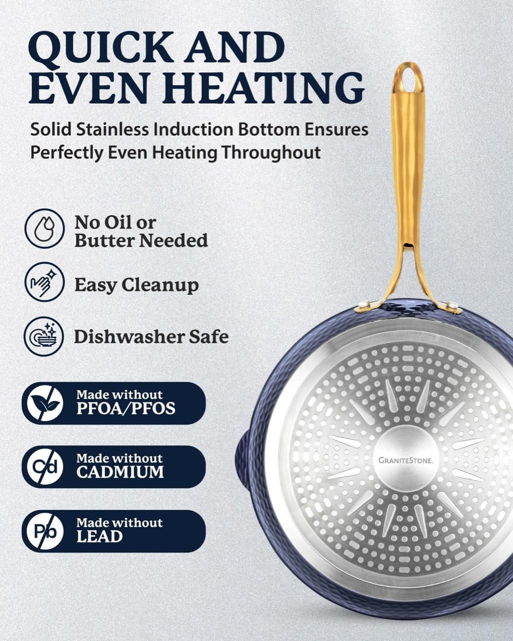 Granitestone Hammered 4 Qt Saute Pan with Lid - 12 Inch Non Stick Frying Pan with Strainer Holes, Cooking Pan, Nonstick Skillet, Induction Pan, Ceramic Pan, Dishwasher Safe, Navy