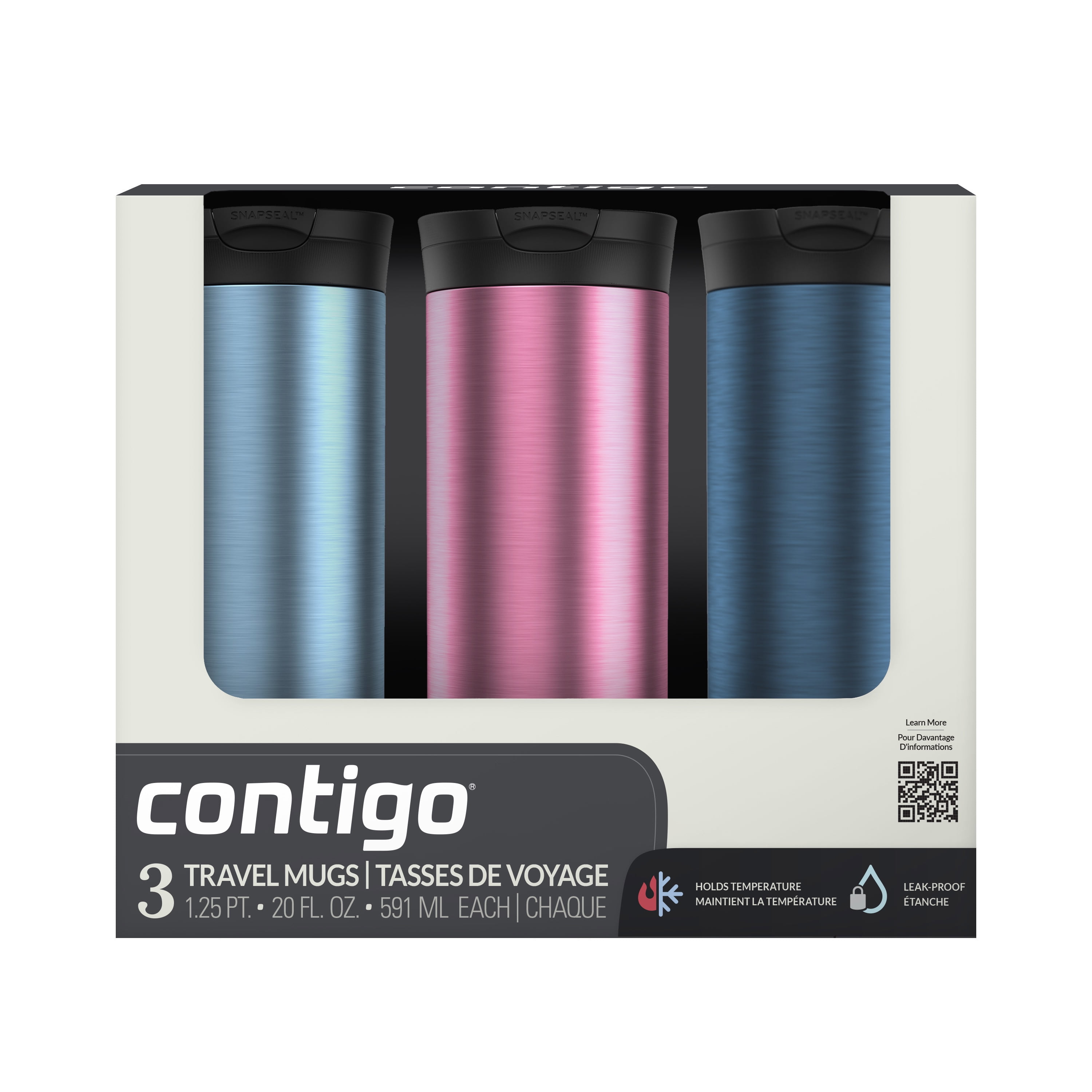 Contigo Huron 2.0 SnapSeal Insulated Travel Tumblers, Glacier/Azalea/Blueberry, 20 oz (591 ml), 3 Pack, BPA-Free