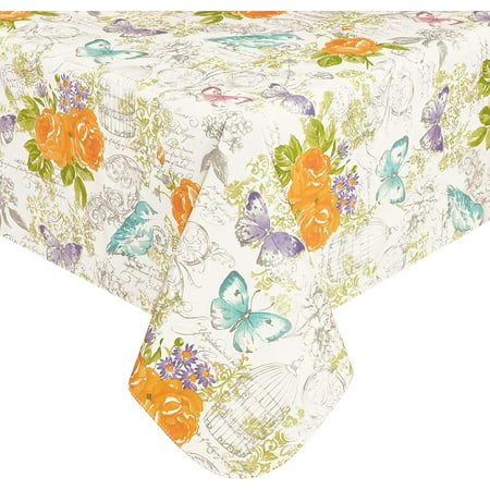 

Newbridge Claudette Yellow Pastel Floral Vinyl Flannel Backed Tablecloth - Roses and Butterfly Spring and Summer Print Easy Care Vinyl Tablecloth With Flannel Backing 60” x 102” Oblong/Rectangle