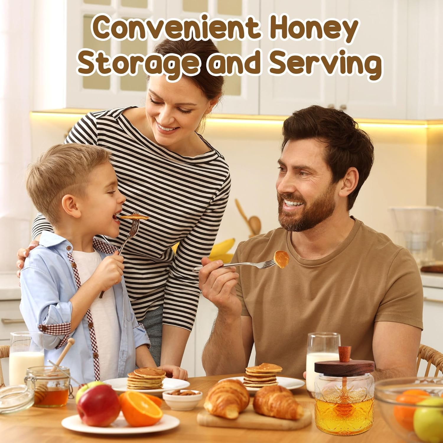 SONGAUN Honey Pot with Dipper and Lid - 18oz Glass Honey Jar with Wooden Honey Dippers Stick Set, Wide Mouth Honey Containers - Airtight Syrup Dispenser for Home Kitchen