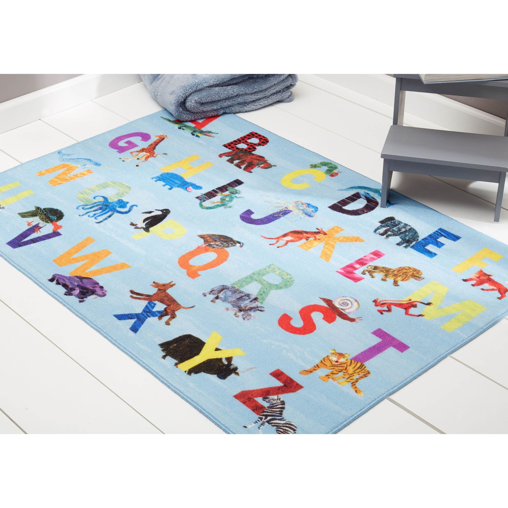 Eric Carle Elementary Blue Alphabet Kids Machine Washable Area Rug Blue/Orange, 4'11"x6'6"
