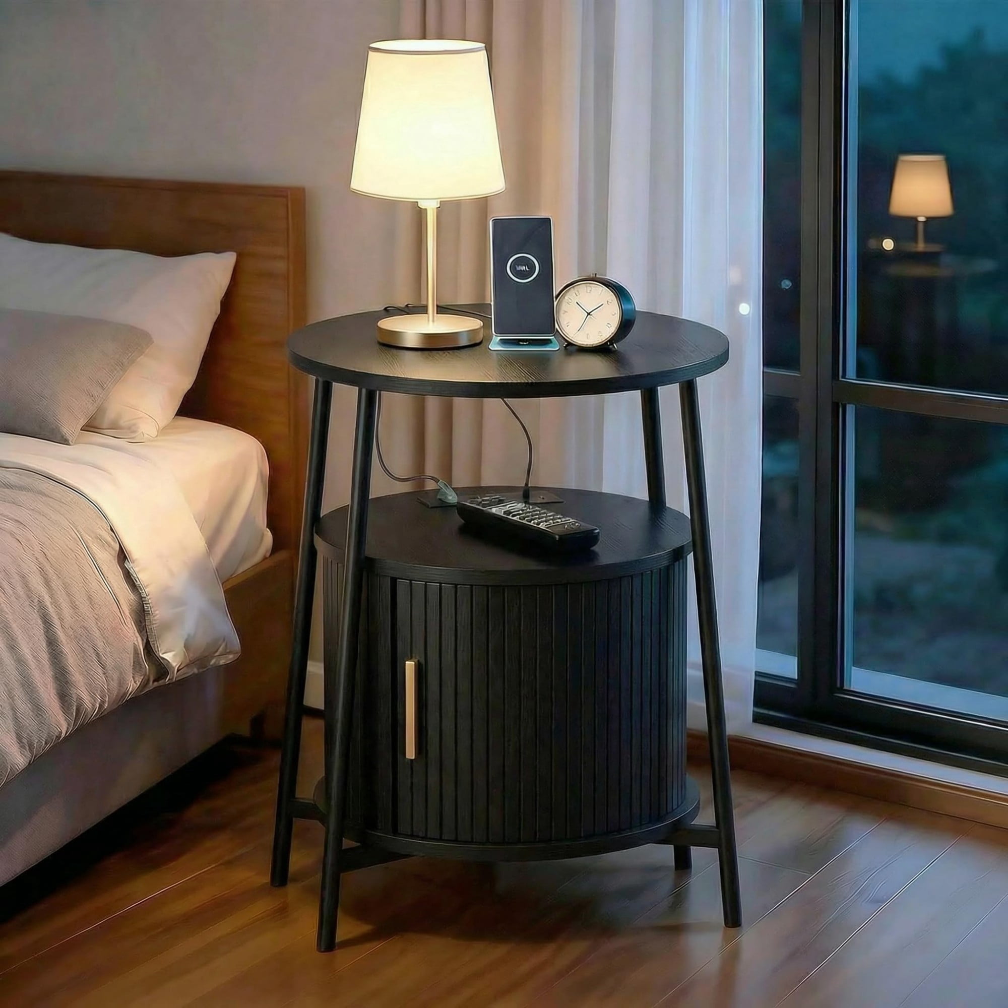 Round End Table Set of 2 with Charging Station, Fluted Side Table with Sliding Door, Mid Century Modern Nightstand for Bedroom & Living Room, Black