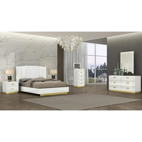 K-Living Tanner King Bedroom Set In White With Titanium Gold Metal Accent