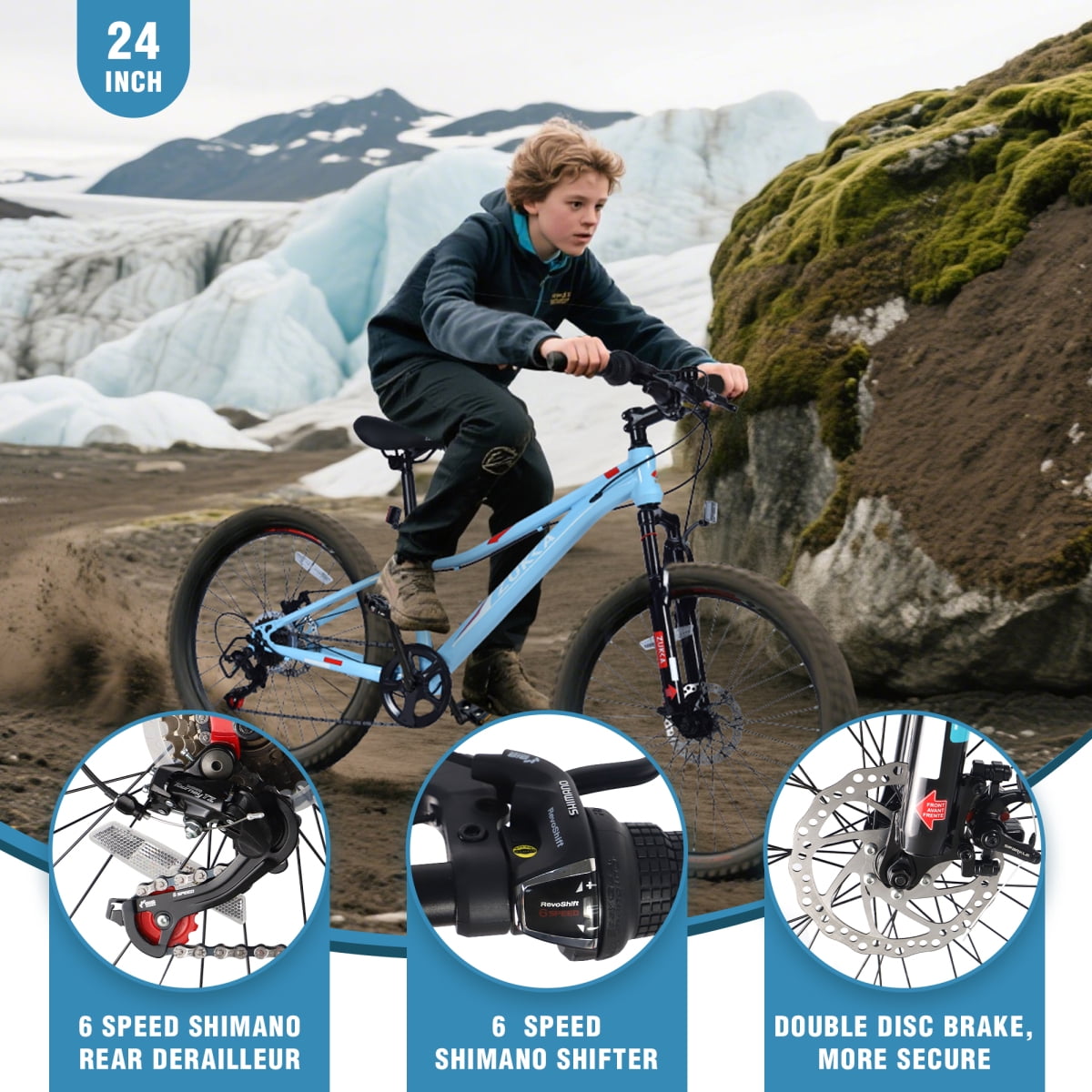 LuckyNote 24 Inch 6-Speed Mountain Bike, Steel Frame, Front & Rear Disc Brakes, Suspension Fork, Blue