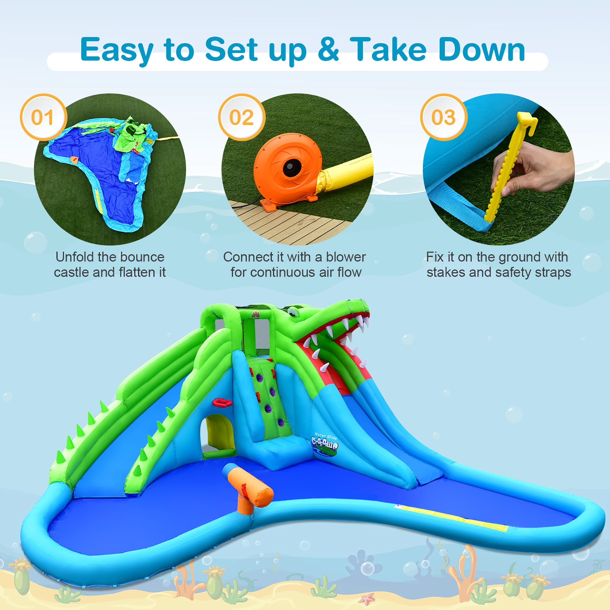 Costway Inflatable Water Slide Kids Bounce Castle Splash Pool Blower Excluded for Toddler, Bouncy Water Park
