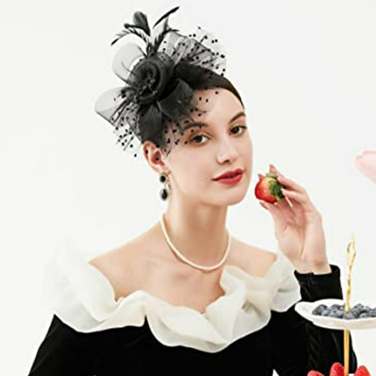 Hats for Womens 50s Headwear with Veil Flower Cocktail Wedding Tea Party Church Derby Hat Mesh Top Hat Jockey Club Hair Accessories