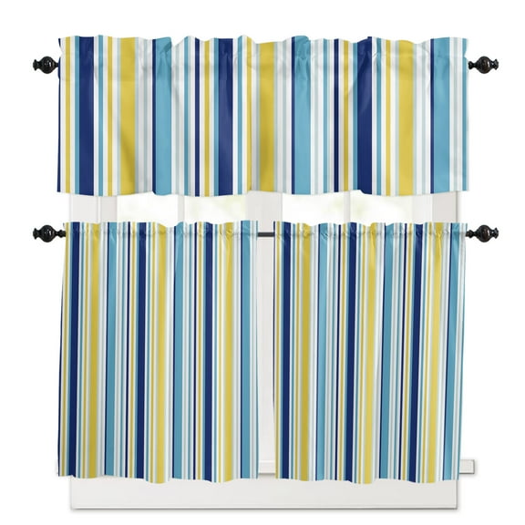 Blue Yellow Striped Kitchen Curtains and Valances Set, 3 Piece Kitchen Curtains Set 36 Inch Length, Farmhouse Navy Blue Ombre Stripes Rod Pocket Curtains Tier Farmhouse Window Curtains