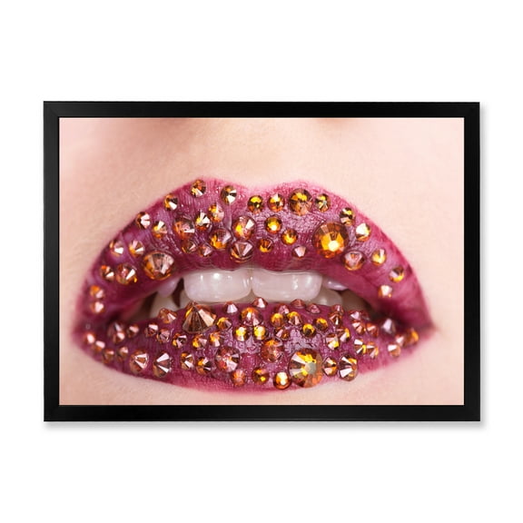 Designart 'Close-Up Of Girl Lips With Sequins' Modern Framed Art Print