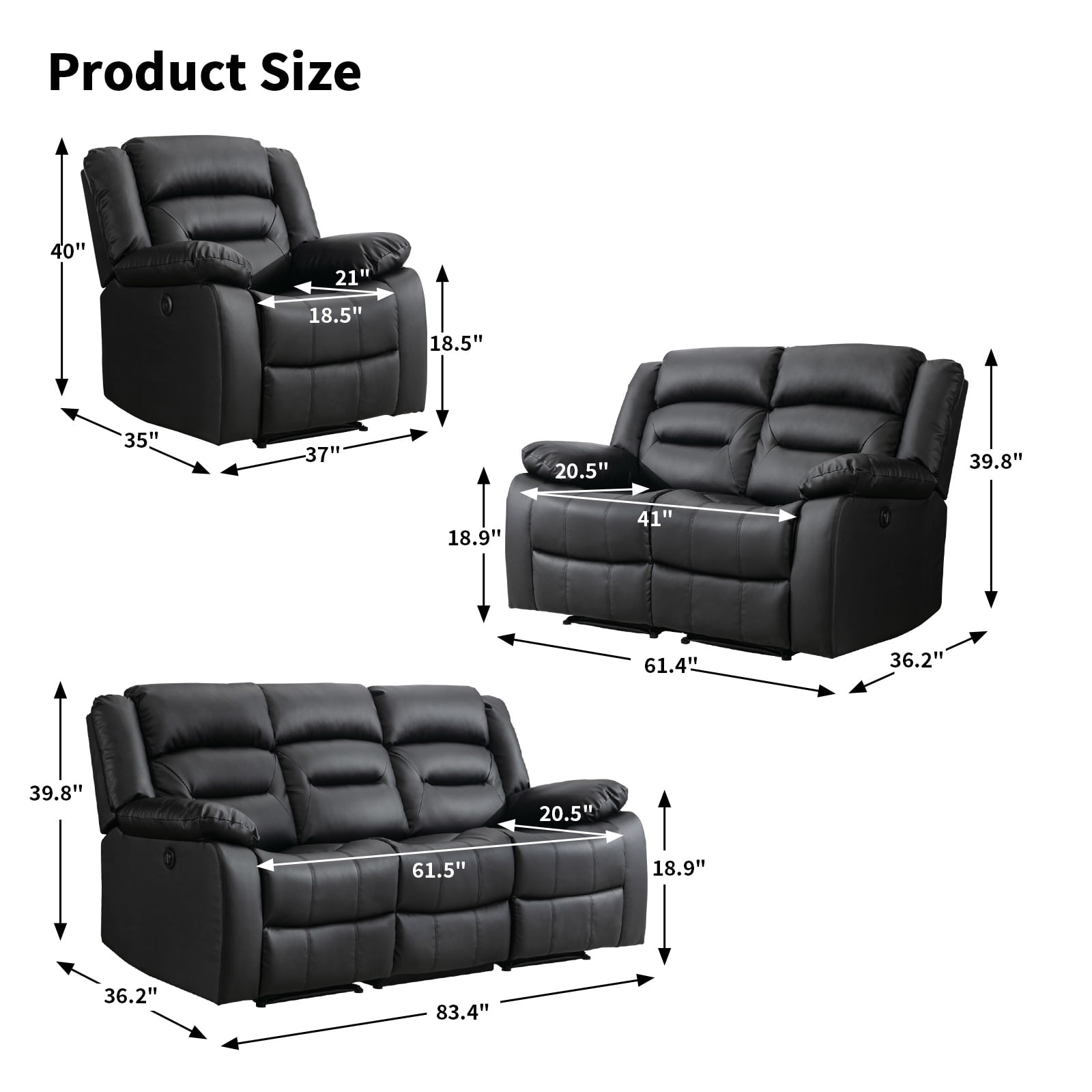 Bonzy Home Faux Leather Power Recliner Sofa Set, Electric Reclining Chair, Loveseat, and 3-Seat Sofa for Living Room, Bedroom, Office, Black