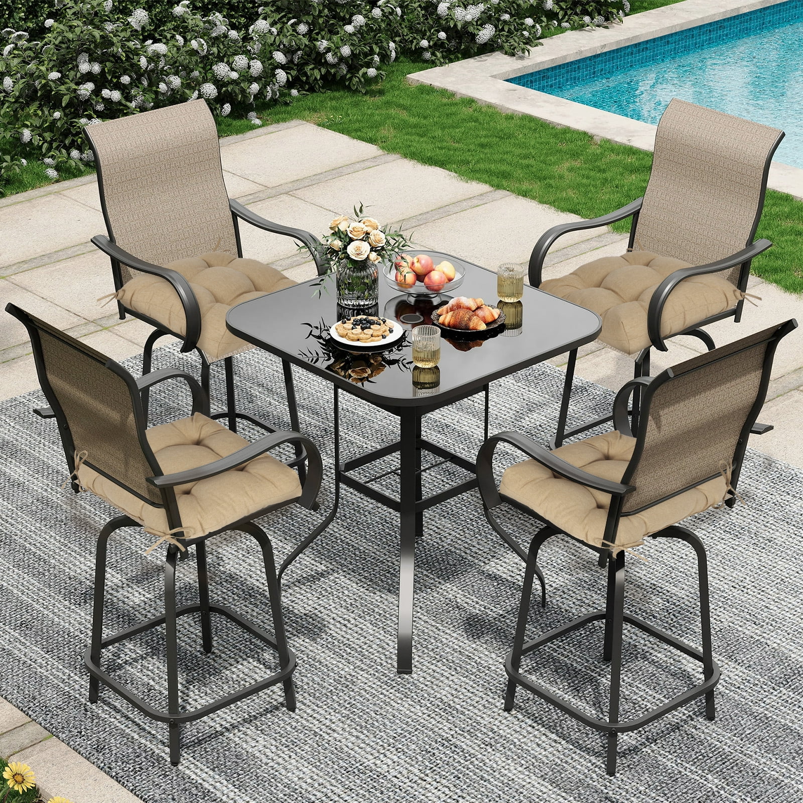 Aoodor 19x19x5 Inch Tufted Outdoor Chair Cushions, Water and Fade Resistant Polyester Dining Chair Pads with Ties for Patio Furniture, Set of 4, Brown