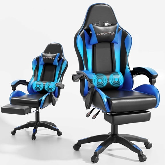 Mr IRONSTONE Gaming Chair, Computer Chair with Massage Lumbar Support and Footrest Height Adjustable, Game Chair with 360-Swivel Seat and Headrest, for Office or Gaming, Black/Blue