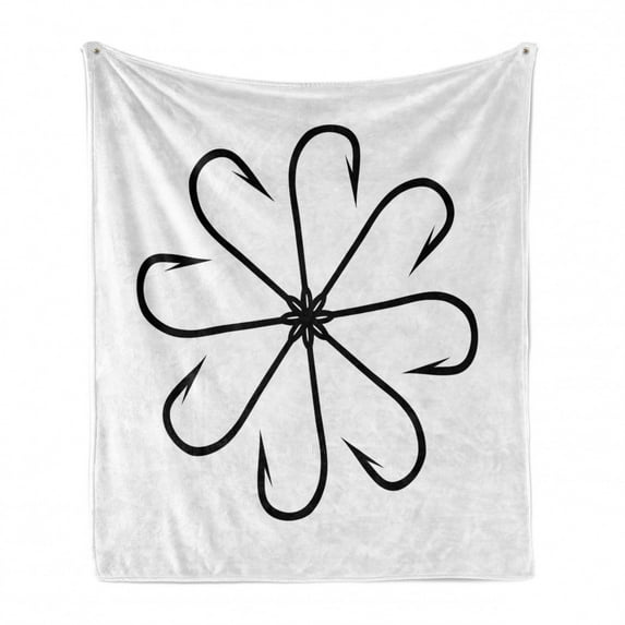 Fishing Soft Flannel Fleece Throw Blanket, Flower Shaped Artisan Steel Multi Hook Gaff in Row New Needle Device Print, Cozy Plush for Indoor and Outdoor Use, 50" x 60", White and Black, by Ambesonne