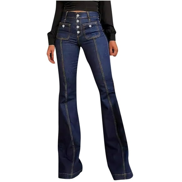 Timegard Jean Pants for Women Bell Bottom High Waist Button Slim Stretch Streetwear Flare Denim Pants