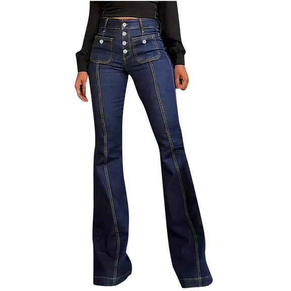 qolati Jeans for Women Trendy Button High Waisted Bell Bottom Jeans Butt Lifting Stretch Boot Cut Jeans Denim Pants with Pockets