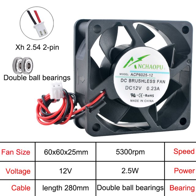 High-Speed 60x60x25mm Axial Cooling Fan DC 5V/12V/24V 2-Pin ACP6025 for Charger, Power Supply, Frequency Converter DC12V Double ball 60x60x25mm