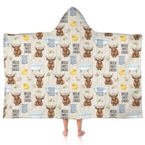 Beige Highland Cow Bathtub Flower Pattern Hooded Bath Towel，50"x30" for Ages 3 To 12 Kids, Quick Dry Lightweight Soft Microfiber Hood Beach Towel Cover Up for Kids