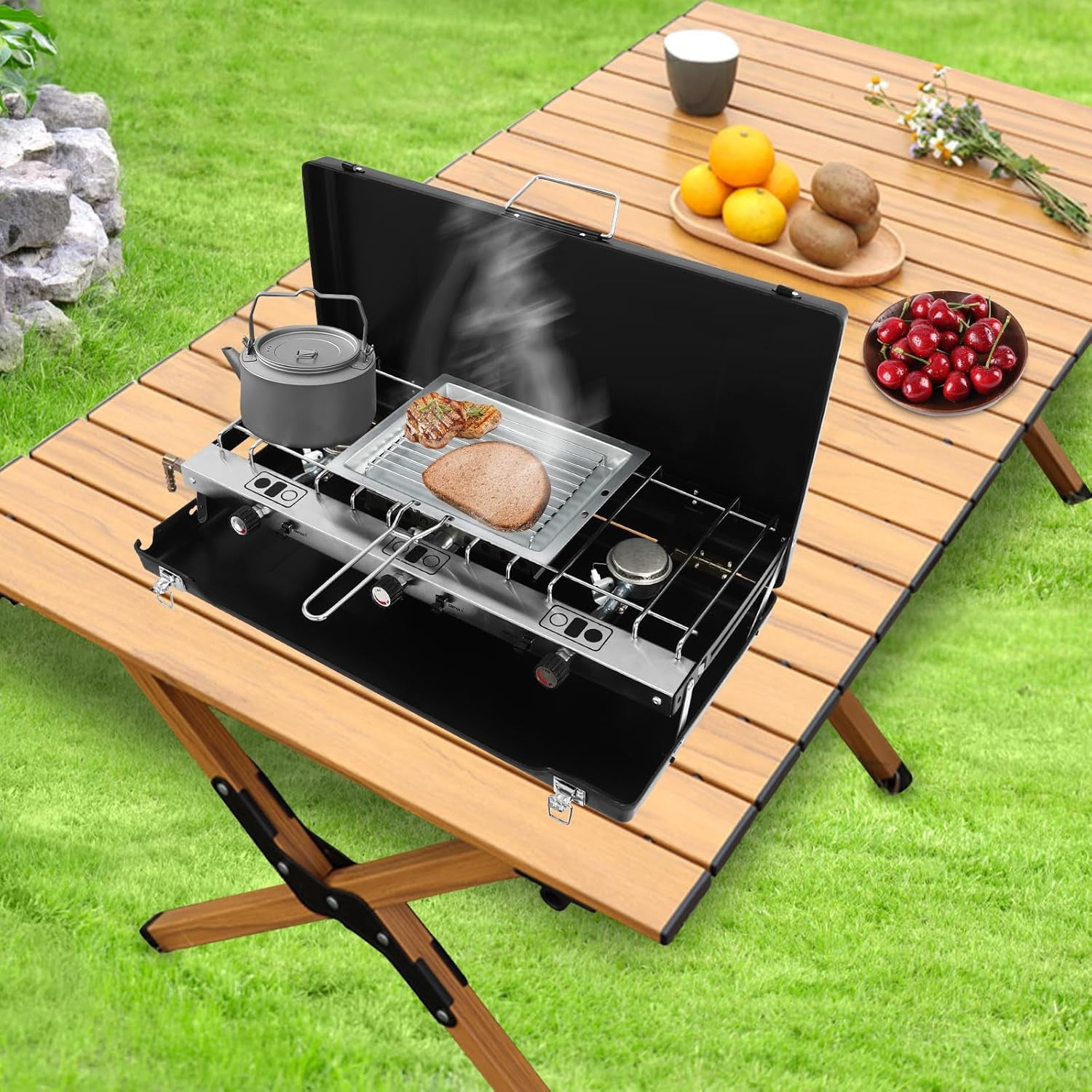 Gas Camping Stove, Portable Cooking Stove, 3-Burner Camping Stove with Griddle, Regulator, Toast Tray, Windshield for Car Camping BBQ