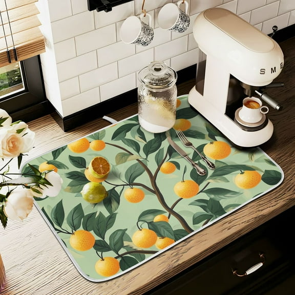 Yayeee Dish Drying Mat for Kitchen Counter 16" x 18" Microfiber Super Absorbent Coffee Decorative Pad, Orange Tree