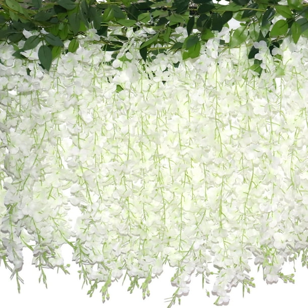 Flores artificiales ZINHO Wisteria para colgar, 60 ramas, color blanco