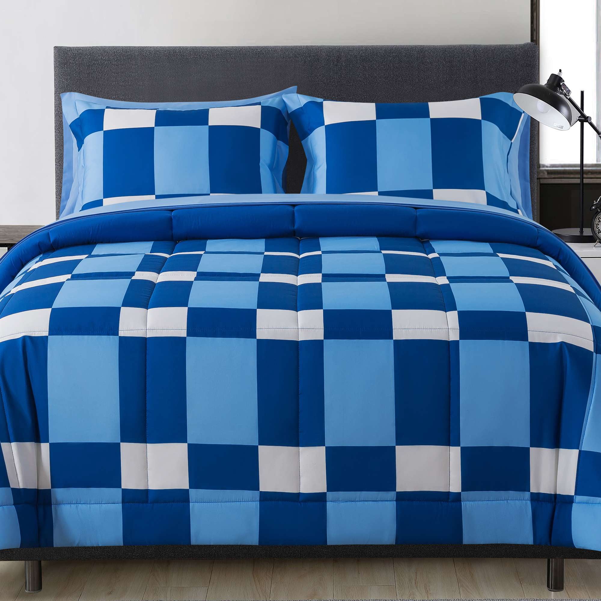 Mainstays 7-Piece Reversible Bed-in-a-Bag with Laundry Tote, Blue Check, Queen