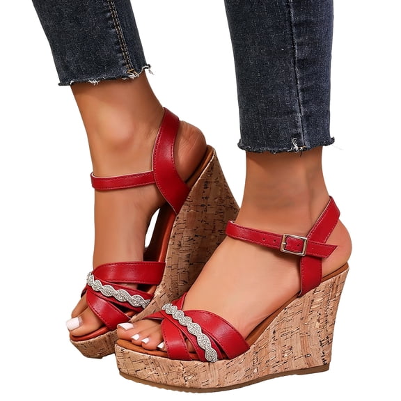 HEWUQI Womens Wedge Platform Sandals Open Toe Adjustable Ankle Strap Casual Heels Cork Summer Outdoor Breathable Dressy Shoes Red Size 9