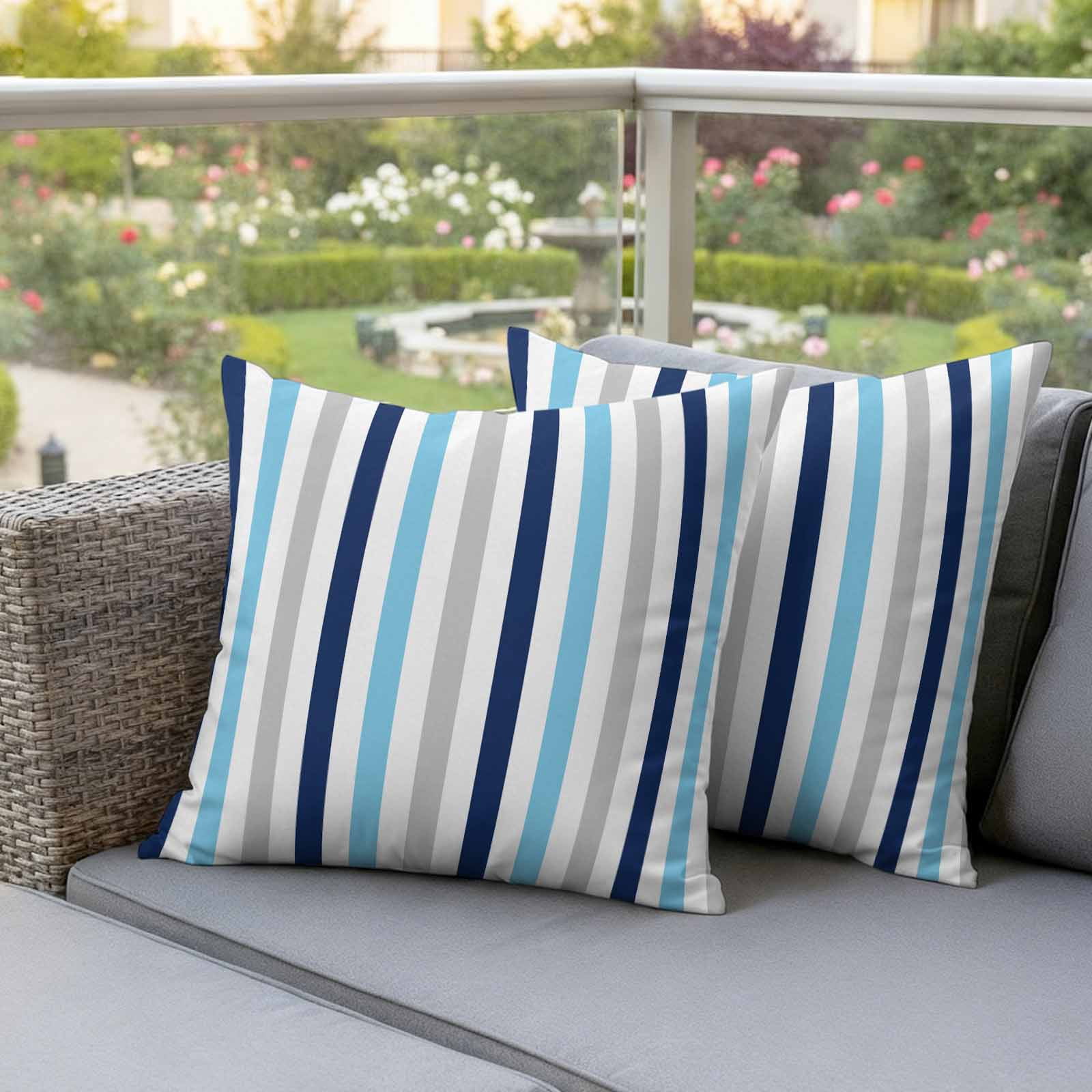 Blue Grey Stripe Outdoor Waterproof Pillow Covers, Geometric White Vertical Striped Decorative Square Throw Pillowcase Sofa Cushion Sham for Patio/Couch/Chair, 16"x16" 2 Pack