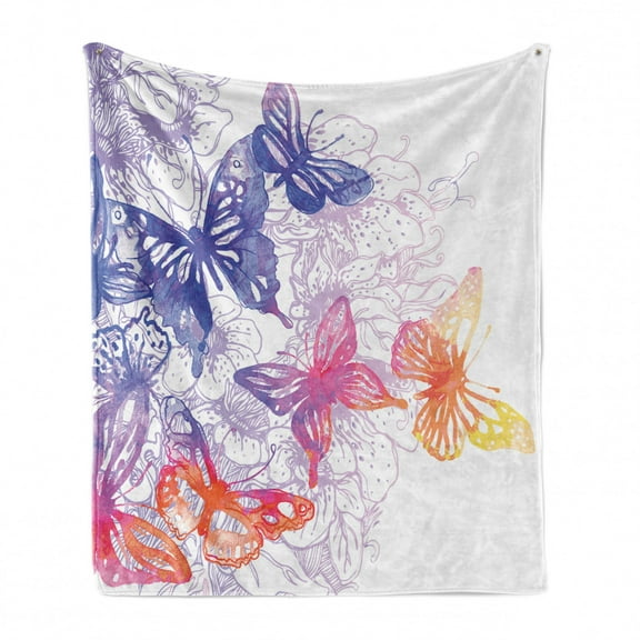 Watercolor Soft Flannel Fleece Throw Blanket, Composition with Flying Butterflies Flourishing Flowers, Cozy Plush for Indoor and Outdoor Use, 50" x 70", Violet Blue Orange Pink, by Ambesonne