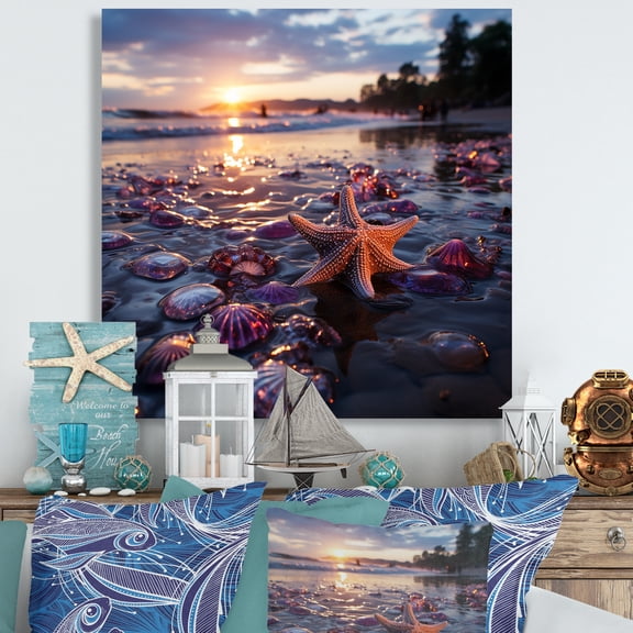 Designart "Photo of Beachside Starfish IV" Coastal Wall Art - Coastal Purple Coastal Beach Hallway Wall Art Decor