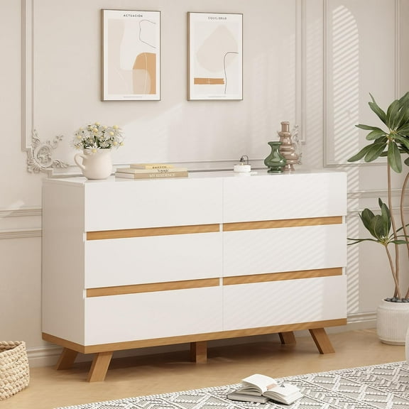 6 Drawer Dresser for Bedroom, 47.2" White Dresser with Deep Drawers, Modern High Gloss Chest of Drawers for Closet, Hallway, Living Room