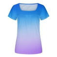 thumbnail image 4 of Womens Flowy Tunic Tops Gradient Color Trendy Pleated T-Shirts Square Neck Short Sleeve Colorblock Summer Tee (XL, Blue), 4 of 5