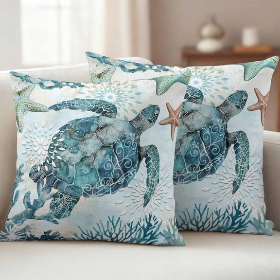Pack of 2 Outdoor Pillow Covers 16x16 Inch Waterproof Teal Turtle Coastal Throw Pillow Covers,Decorative Couch Pillow Case Sham Summer Beach Starfish Nautical Sea Patio Pillowcases Cushion Cover