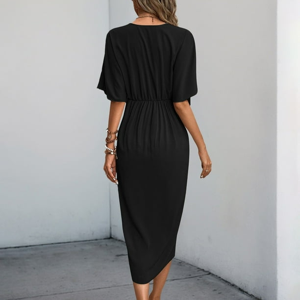 WILLBEST Vestido Casual De Mujer, Vestidos De Manga Corta Para Mujer, Moda, Cuello En V, Plisado, Ajustado, Fluido, Con Vuelo, Vestido Midi Irregular