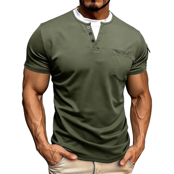 cfhntfmh Men's Casual Henley Shirts Classic Crew Neck Short Sleeve T-Shirt Button Summer Basic Solid Lightweight Tees Tops