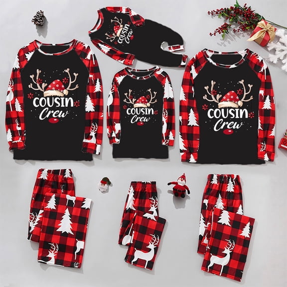 Hkoxplj Cousin Crew Family Matching Christmas Pajamas Set Red and Black Plaid Reindeer Print Long Sleeve Pjs for Men Women and Youth Soft Sleepwear Deer Tree Pattern Holiday Loungewear 2 Piece Set