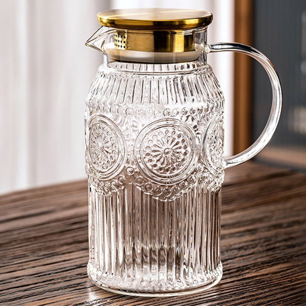 lanema Sun Pattern Retro Glass Pitcher Practical Lid Included For Kitchen And Living Room Use
