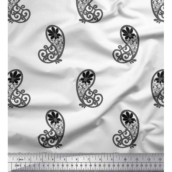 Soimoi Black Japan Crepe Satin Fabric Floral & Paisley Print Fabric by the Yard 42 Inch Wide