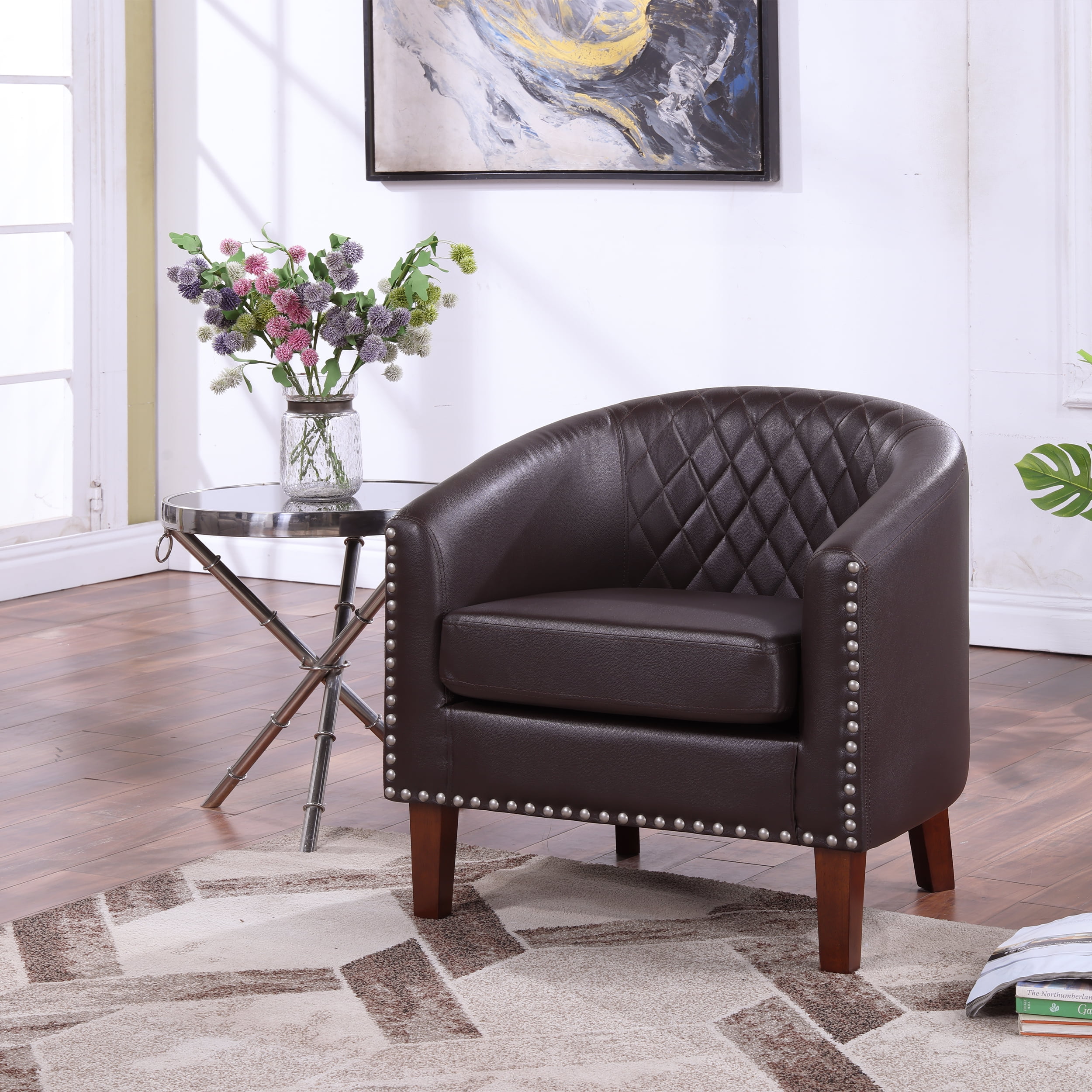 TrumanPick Accent Chair Faux Leather Studded Barrel Chairs Bucket Club Arm Chair, Brown