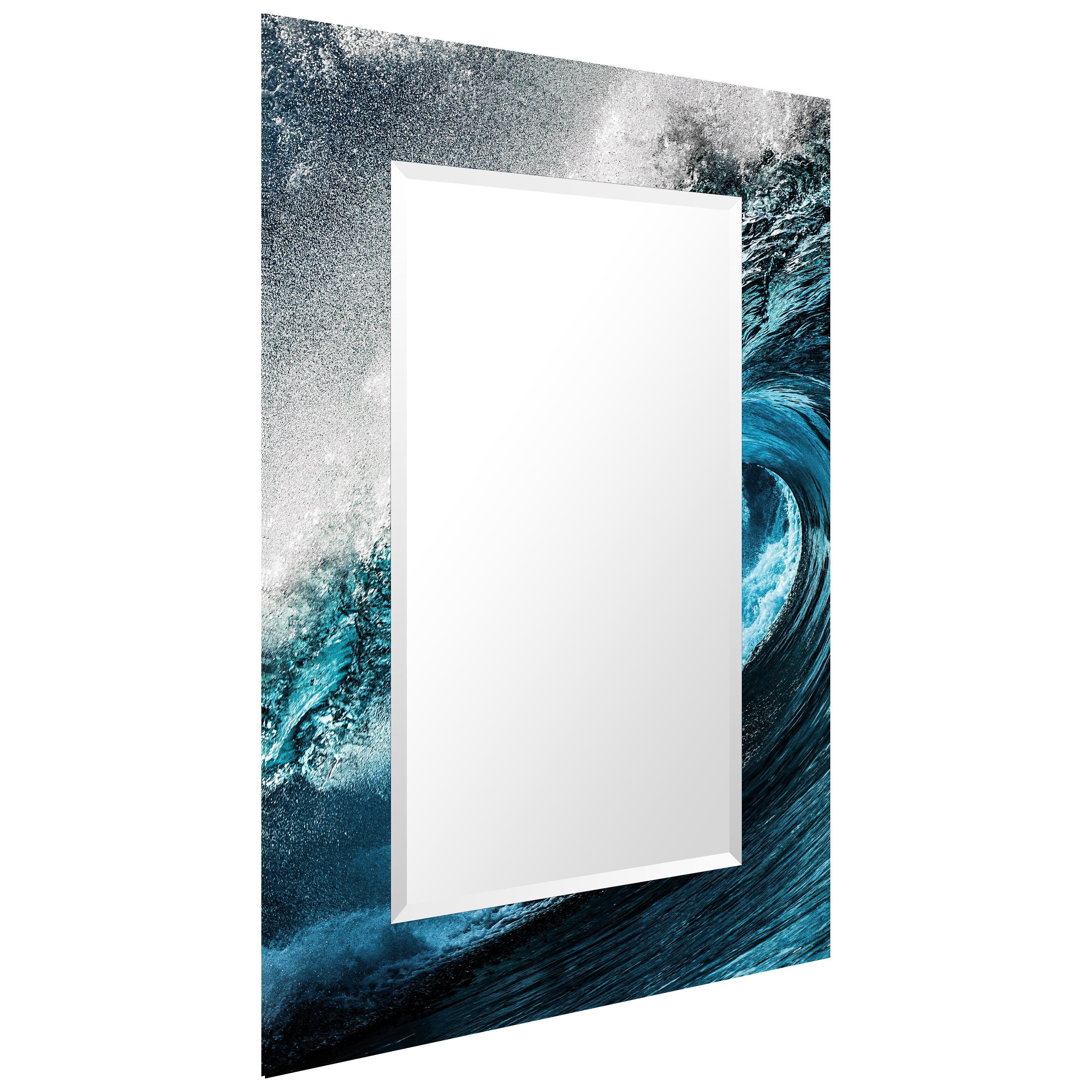 "Sapphire Sea" 48"x 32" Reverse Printed Tempered Art Glass with 36" x 20" Rectangular Beveled Mirror