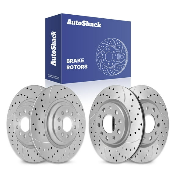 AutoShack Front Vented & Rear Solid Drilled & Slotted Coated Brake Rotors Silver Matte Finish 4-PC Set Replacement for 2014-2023 Jeep Cherokee TurboGuard