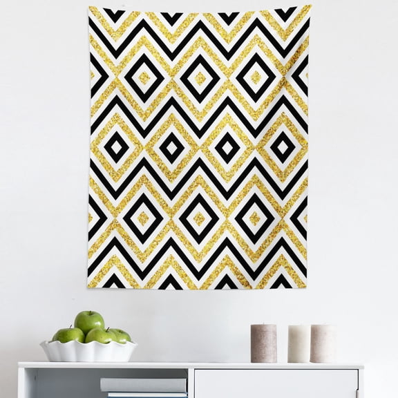 Geometric Tapestry, Motif of Zig Zag and Squares Contemporary Design Art Print, Fabric Wall Hanging Decor for Bedroom Living Room Dorm, 5 Sizes, White Black and Yellow, by Ambesonne