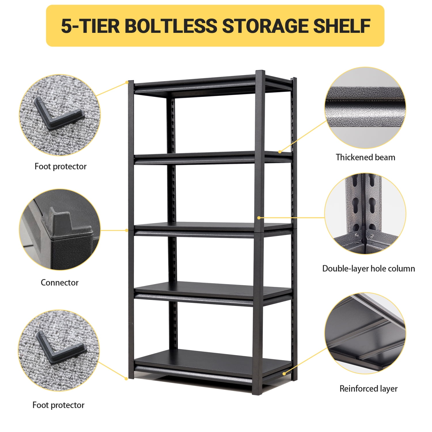 72"H 5 Tier Heavy Duty Metal Storage Shelves Adjustable Garage Shelving Unit 2000 lbs Capacity Black (35.4"W x 15.7"D)
