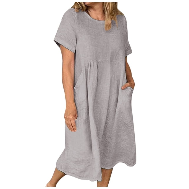 GYUJNB Robe Maxi d'Été en Coton et Lin pour Femmes Manches Courtes Col Rond Longue Coupe Décontractée avec Poches